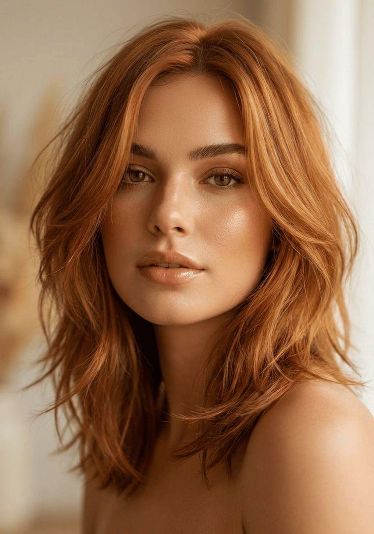 Modèle tournage coiffure - coupe mi-longue et couleur cuivrée
